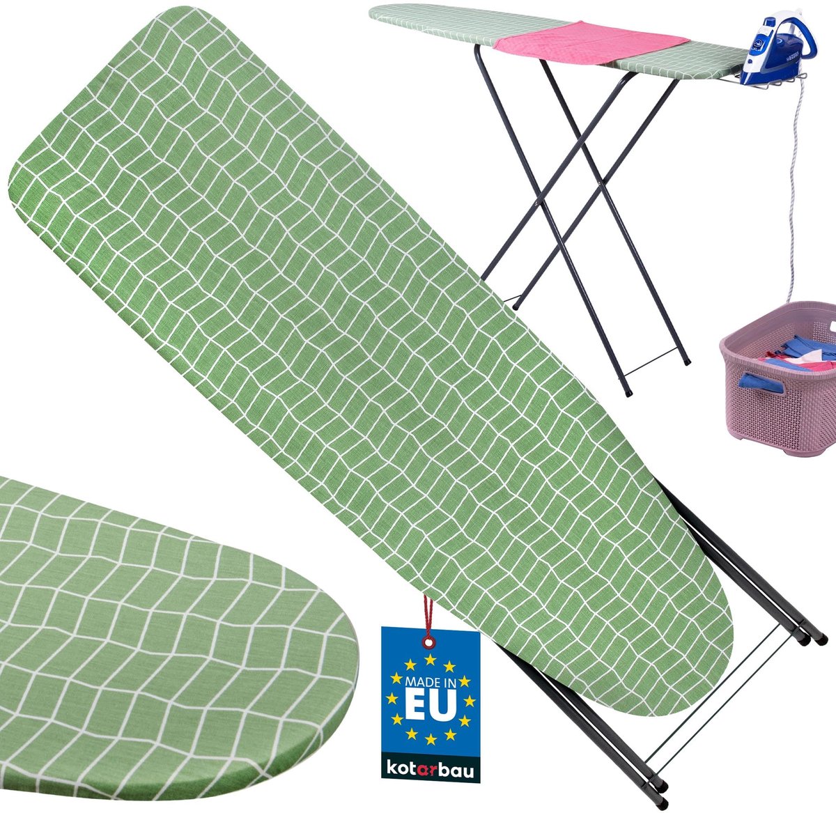 KOTARBAU® Inklapbare Strijkplank - Verstelbare Strijkplank 118 x 36 cm - Strijkplank voor Stoomgenerator - Groen Ruitpatroon