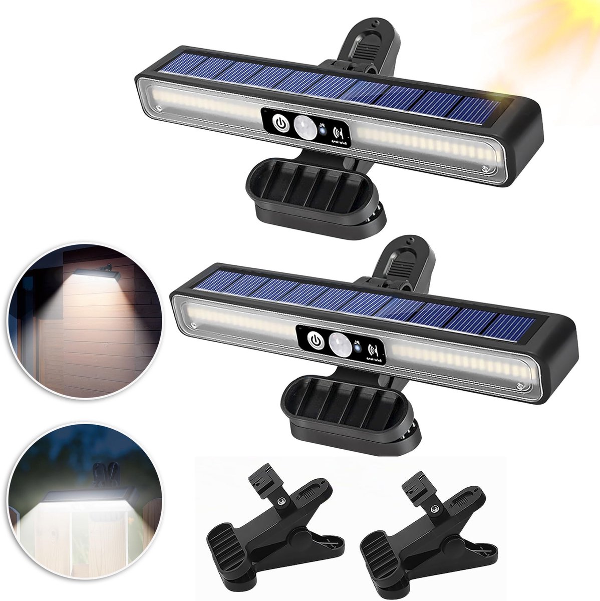 2 LED-Zonnelampen Met 3 Lichtstanden IP65 Waterdicht - 36 LED's Bewegingssensor 1200 mAh Clipbevestiging - Voor Tuin, Terras En Garage