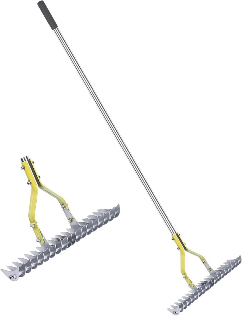 Gazonhark Verstelbaar - Tuin hark - Gazon Onderhoud - Dubbelzijdig Staal - 148 cm - Geel