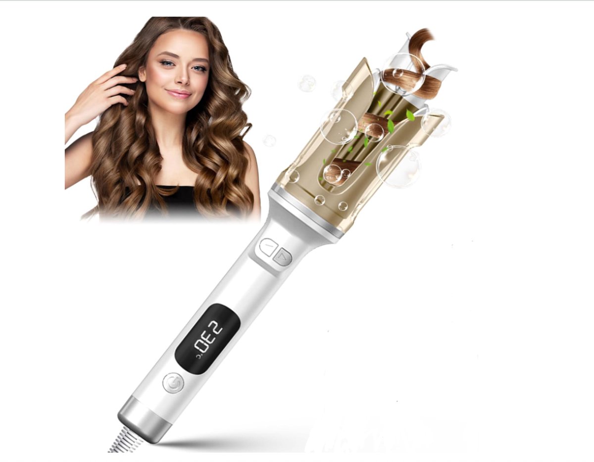Automatische krultang, krultang met 6 temperatuurinstellingen en LCD-scherm – haarstyler voor vrouwen, keramische krultang voor lang/kort haar (wit).