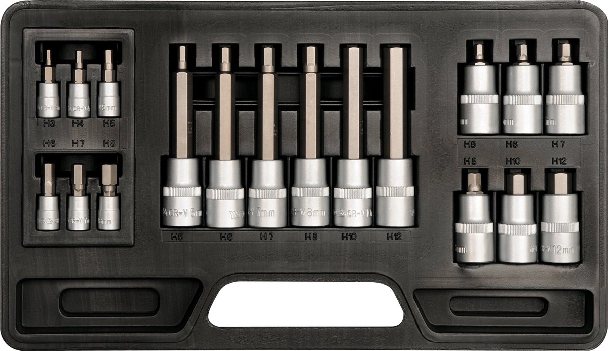 YATO Professionele Inbus Bit-Doppenset – 18-Delig – Hex (3 t/m 12 mm) – 1/4" & 1/2" Opname – Korte & Lange Uitvoeringen