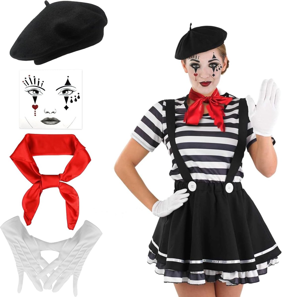 Vrouwelijk Clown Kostuum in Zwart en Wit voor Halloween met Basque Hoed, Sjaal, Handschoenen en Tatoeagesokken voor Carnaval en Pantomime Shows