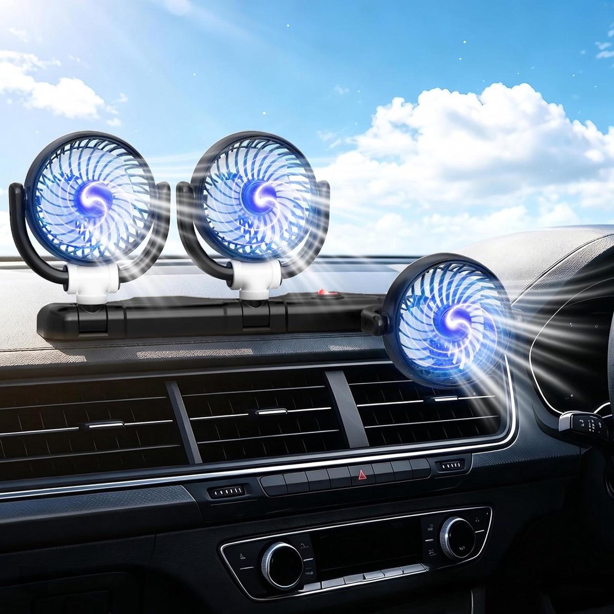 Autoventilator Dubbele Kop - Auto USB Ventilator - Verkoeling Tijdens Rit - Met Parkeerplaat Functie - 360 Graden Draaibaar - Zwart