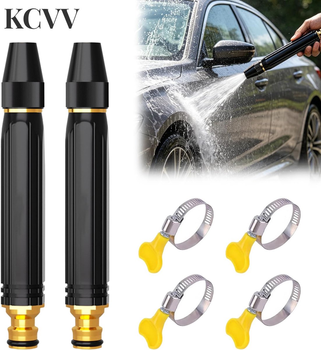 Hogedrukspuit voor tuinslang-autowaspistool-2-delige verstelbare sproeiset - Hogedrukreiniger voor de tuin - Tuinslangreiniger - Zwart - 15,2 x 1,6 cm