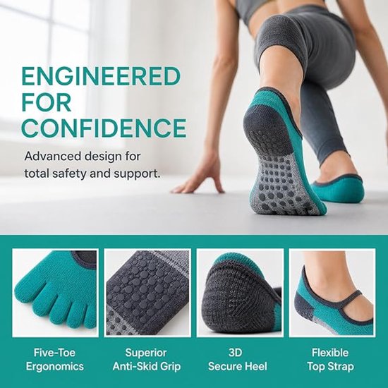5-delige Antislip yogasokkenYogasokken - Sokken - Antislip Sokken - Barre Sokken, Siliconen Greep, Ademend Weefsel,Toepasselijke maten 35-39 - Katoen - Eén Maat - Geschikt voor yoga, pilates, fitness en thuisgebruik - Zwart,Groen, Paars, Rood, Grijs — afbeelding 5