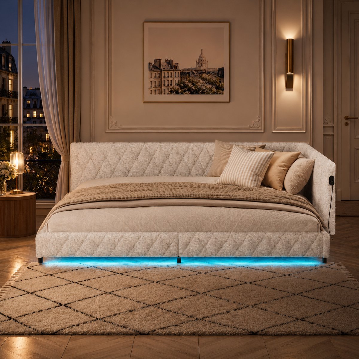 Tweezits slaapbank 140x200 met ledverlichting en USB-poorten, moderne gestoffeerde Tweepersoonsbed met lattenbodem, multifunctioneel bedframe voor volwassenen en tieners, Teddyfluweel Beige