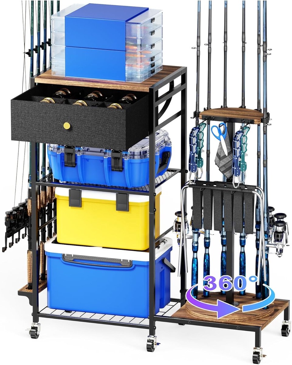 Rotatable Rod Holders voor Garage, Rod Rack Cart voor 12 Vissenstokken, Stick Storage Stand en Organizer voor Visuitrusting