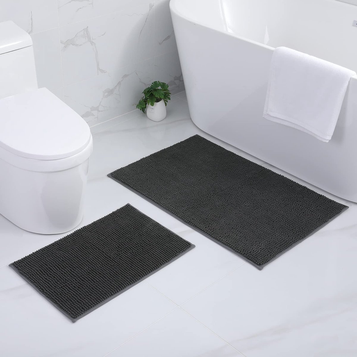 Olanly Badmat Antislip – Set Van 2 – Chenille Douchemat – Badmat Badkamer – Vloermat – Donkergrijs – 40x60cm+60x90cm