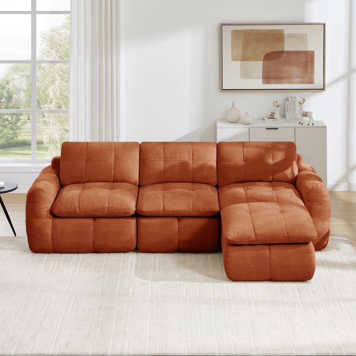 Intebiki 3-zits Hoekbank - Chenille stof - Modulaire L-vormige bank - Geen montage nodig - inclusief 1 poef - oranje