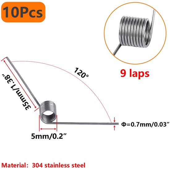 10 Stuks Kleine Torsiespringen van RVS, Draaddiameter 0.7mm, Buiten Diameter 5mm, 9 Spoelen, 120 Graden Hoek, Voor Precisietoepassingen en Mechanische Projecten — afbeelding 5