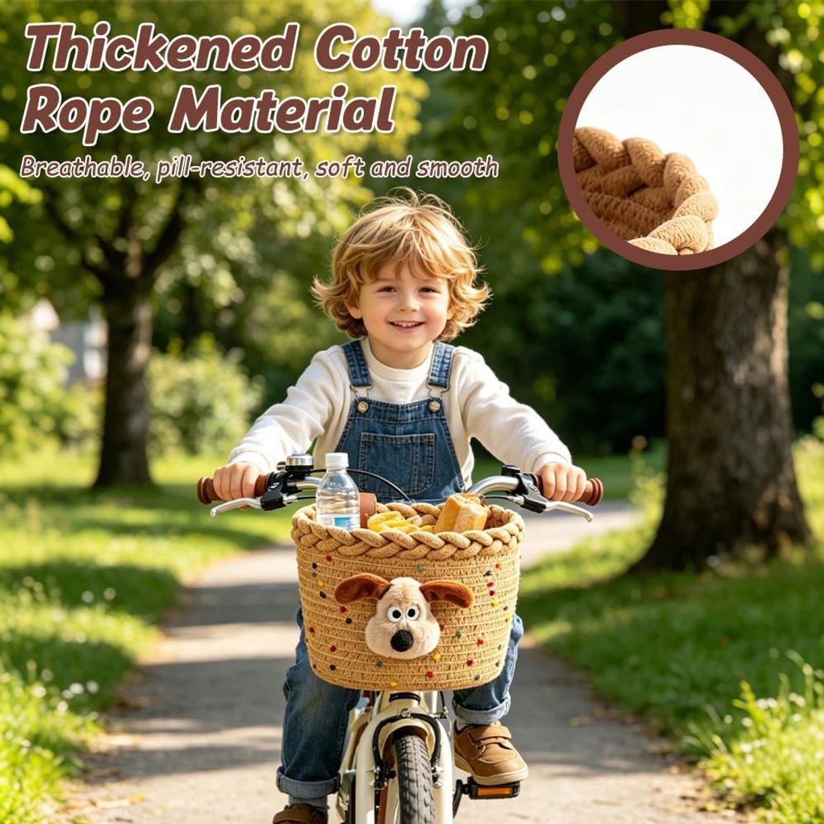 SnelShoppen - Fietsmand voor Kinderen Voorop, Handgemaakte Katoenen Touw Fietsmand met Leren Riem, Geschikt voor de Meeste Fietsen, Loopfietsen en Sco