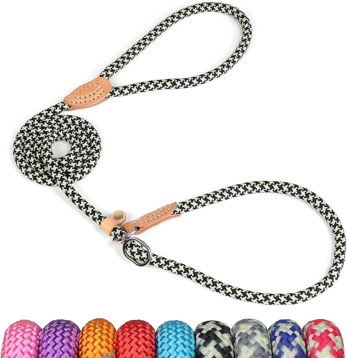 Klimtouw Sliplijn - Zwartgroen - 1,5 m - Nylon en Leer - Voor Kleine, Middelgrote en Grote Honden en Katten