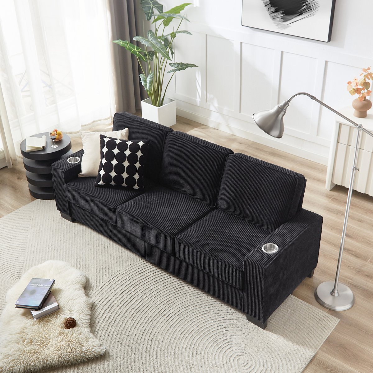 MIVRAY Zitbank 3-Zits 206 Cm - Met Geïntegreerde Bekerhouders - Voor Woonkamer, Slaapkamer En Kantoor - Corduroy - Zwart