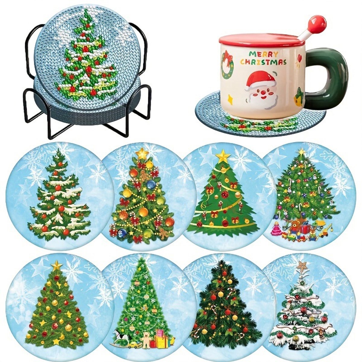 YYchan DIY Diamond Painting Onderzetters Set - 8 Stuks met Houder - Handgemaakt & Hittebestendig - Pakket Volwassenen en Kinderen - Kerstbomen Patroon