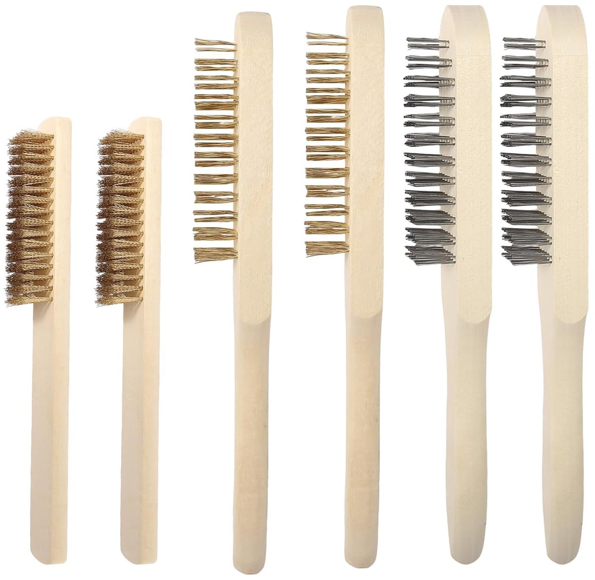 Metaalborstel set 6 stuks - Houten handvat - RVS en messing - Voor het verwijderen van roest - ShopVlot