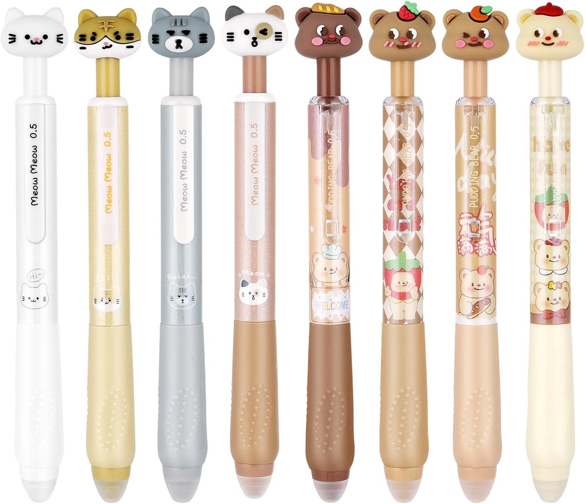 SnelShoppen - 8 Stuks Uitwisbare Gelpennen Set 0.5mm Schattige Cartoon Stijl, Blauw en Zwart Inkt, Rubber Grip, Gladde Pennen voor Kinderen en Volwass