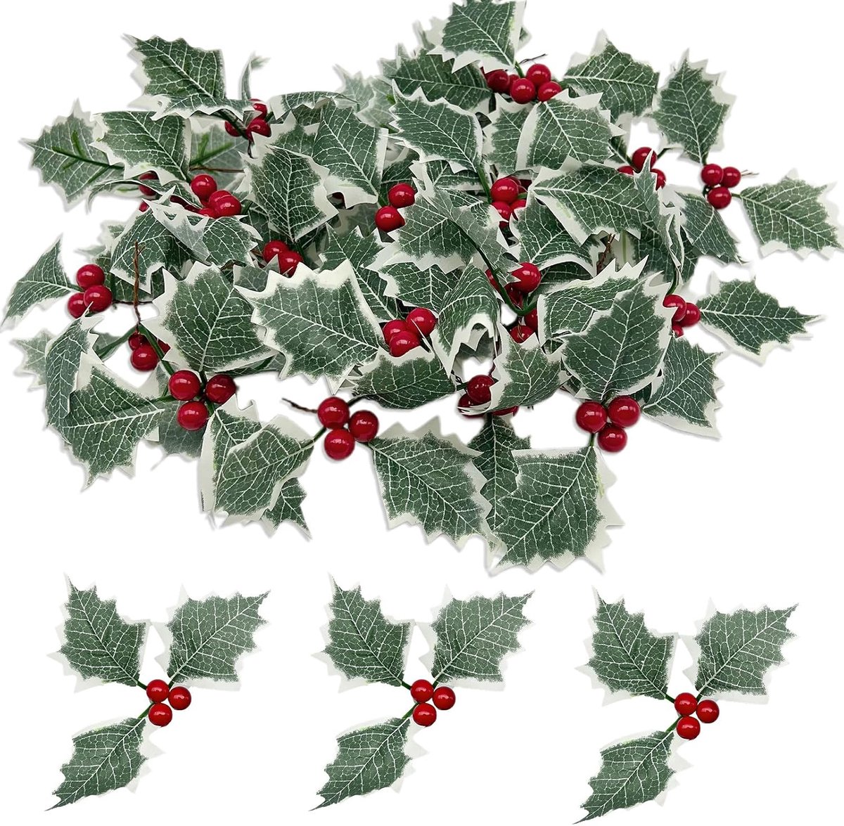 SnelShoppen - 36 Stuks Kerst Holly Bladeren en Bessen voor Creatief Knutselen, Kunststof Neplevens met Drievoudige Bessen, Kunstmatige Rode Bessen voo