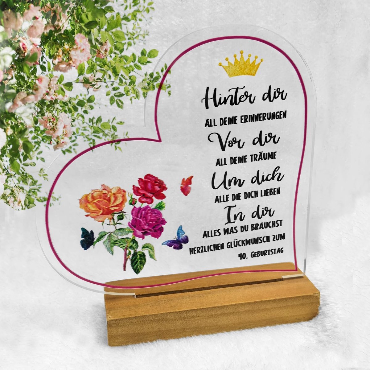 SnelShoppen - Acryl Hartvormige Decoratie met Inspirerende Gravure voor 40ste Verjaardag Vrouwen, 15 x 16 x 4 cm, Perfect Cadeau voor Moeder, Zus, Vro