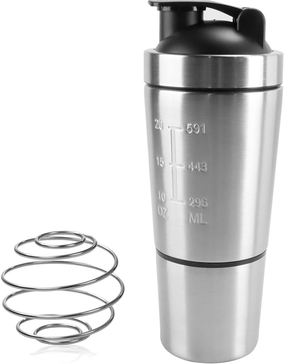 SnelShoppen - RVS Protein Shaker Fles 600+200ml, Fitness Shaker, BPA Vrij, Dubbelwandig, Met Schaal, Voor Dieet en Sport Shake