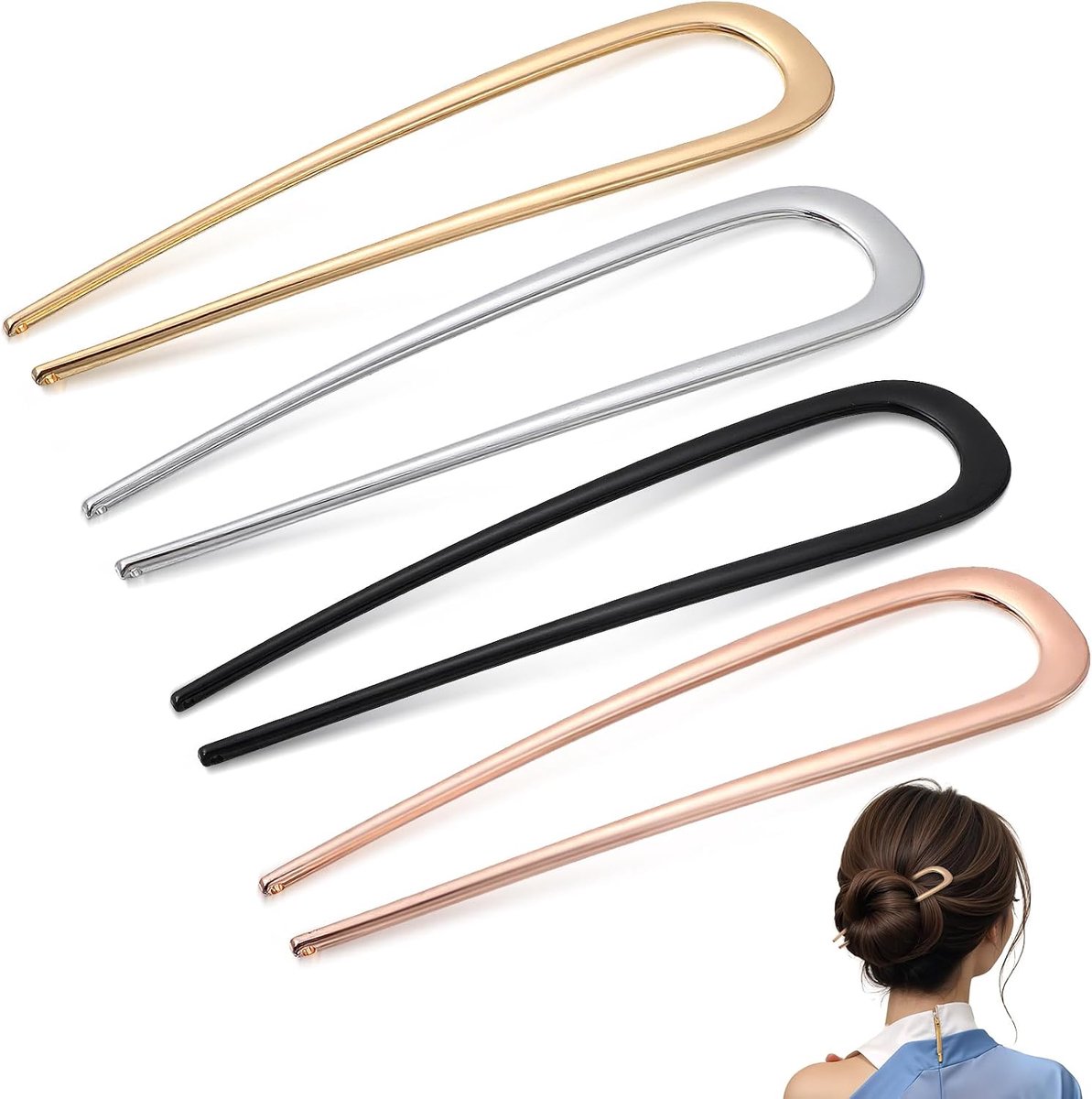 U-vormige haarspelden 5,5 inch - metalen Franse haarspelden - 4 kleuren - perfecte bunspelden voor lang haar - ShopVlot