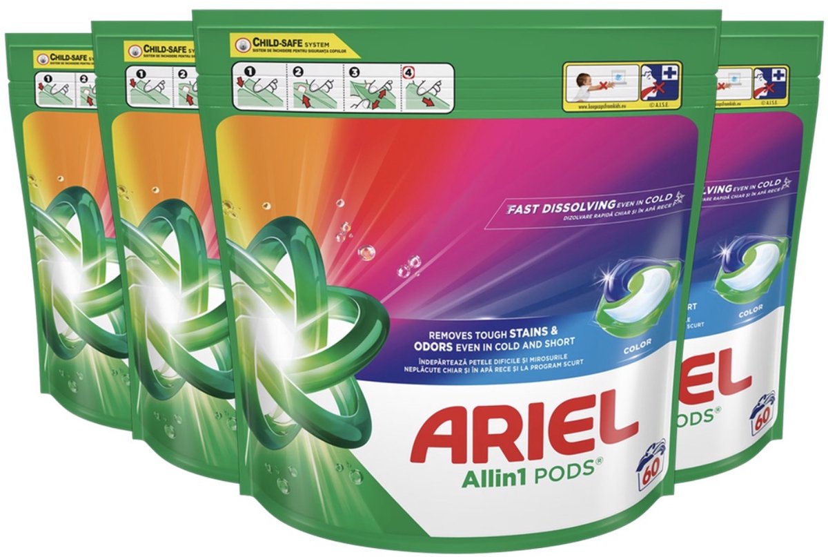 Ariel All-in-1 PODS Color Wascapsules – 240 Wascapsules (4 × 60) – Krachtige Vlekverwijdering – Voor Gekleurde Was