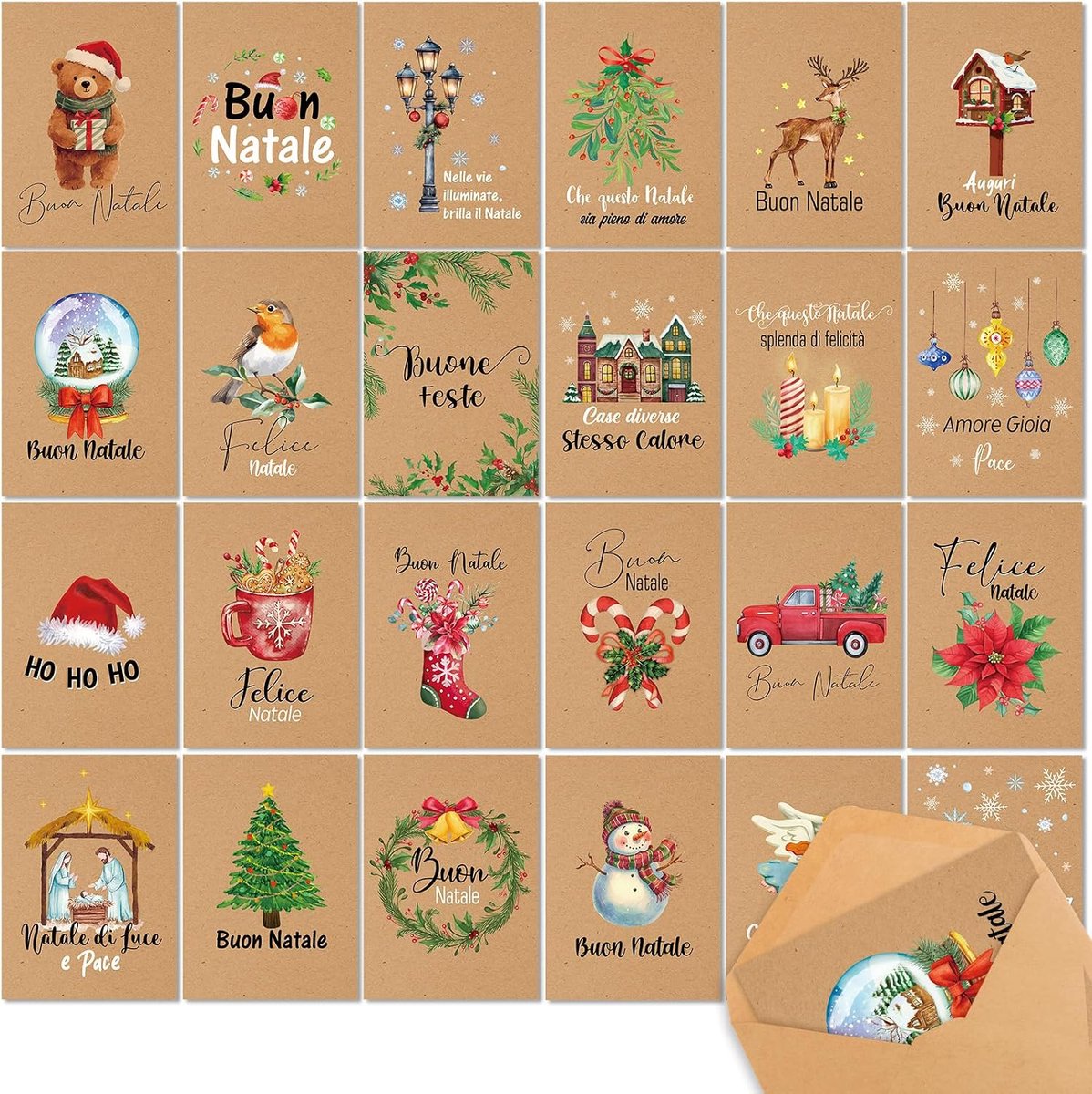 SnelShoppen - 24 Kerstkaarten met Enveloppen, Originele Acquarel Ontwerpen voor Kerst, Tanti Auguri, Gelukkige Feestdagen, Perfect voor Familie en Vri