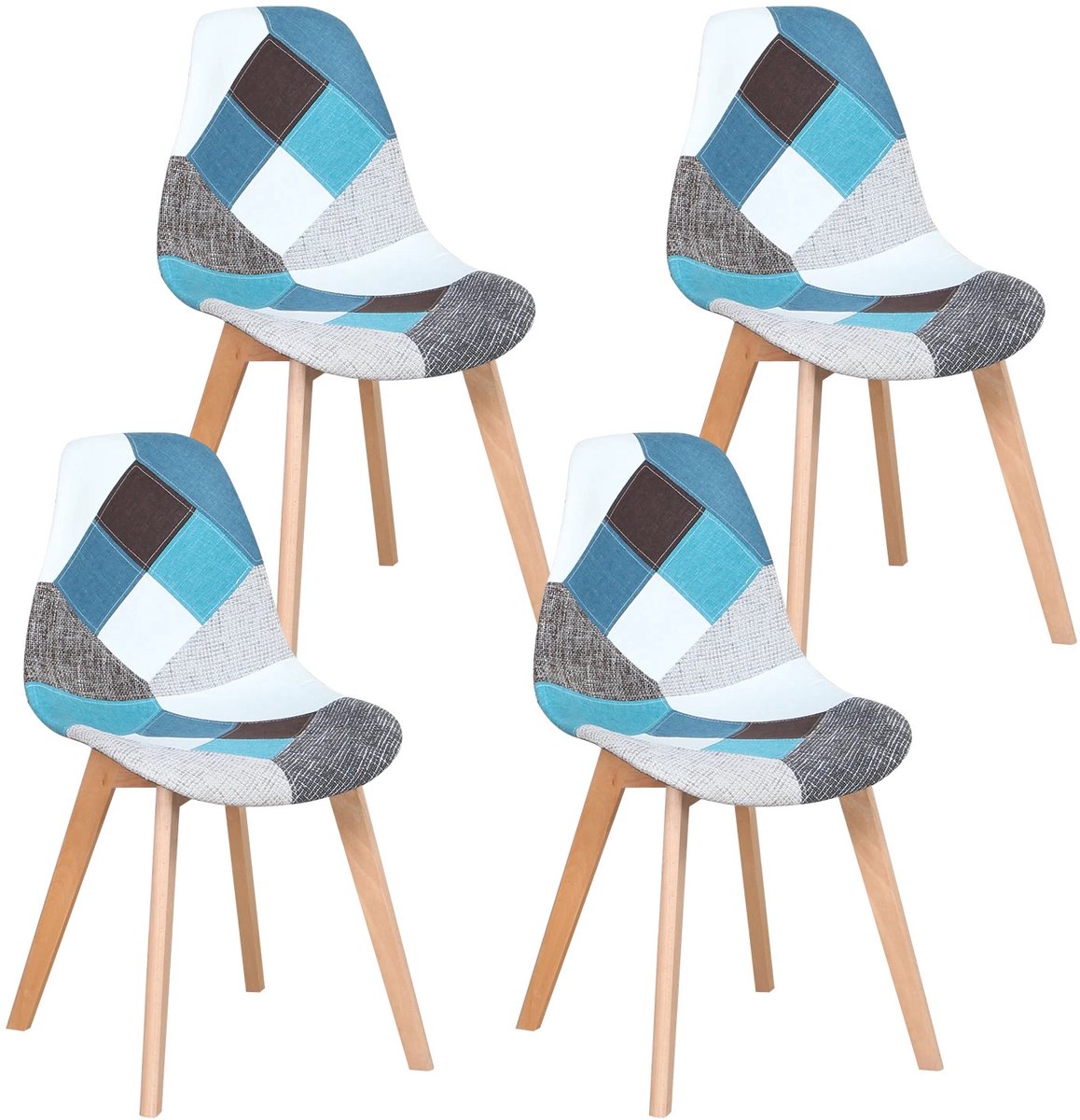 Gudalio Eetkamer Stoelen - Set van 4 - Keukenstoel - Gestoffeerde kuipstoelen met houten poten - Modern design - Patchwork - Blauw