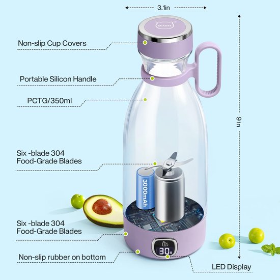 Draagbare mixer - Mini blender - Sap en shakes - 6 RVS messen - 350 ml - Paars — afbeelding 4