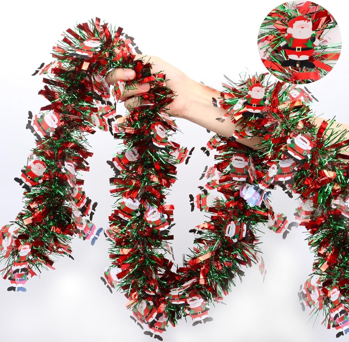 SnelShoppen - 10M Kerst Tinsel Garland met Kerstman, Rode Groene Metallic Tinsel Chunky Glitters, Dikke Shiny Garland voor Kerstboom, Winterbruiloft,
