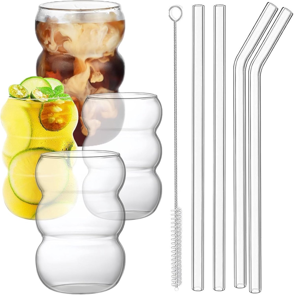 SnelShoppen - Borosilicaat Glazen Set 550 ml - 4 Stuks Drinkglazen met Rietjes en Schoonmaakborstel - Modern Minimalistisch Ontwerp voor Cocktails, Mi