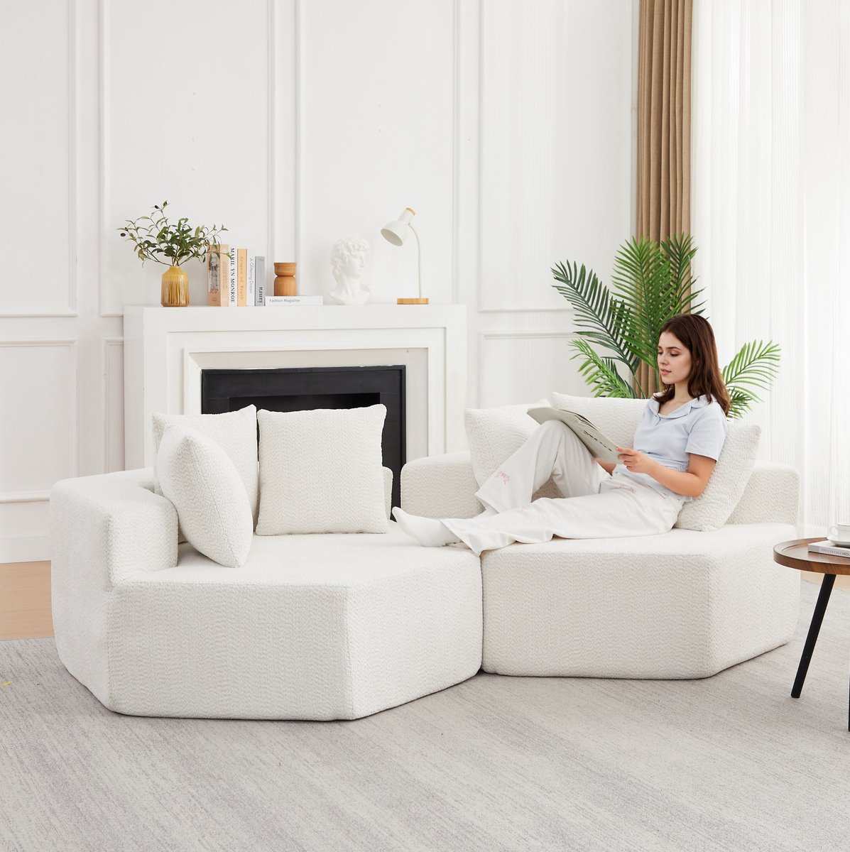 MIVRAY Modulaire Bank - Hexagonale Zitbank Met Drie Kussens - Flexibel Combineerbaar Voor Woonkamer En Lounge - Chenille - Beige