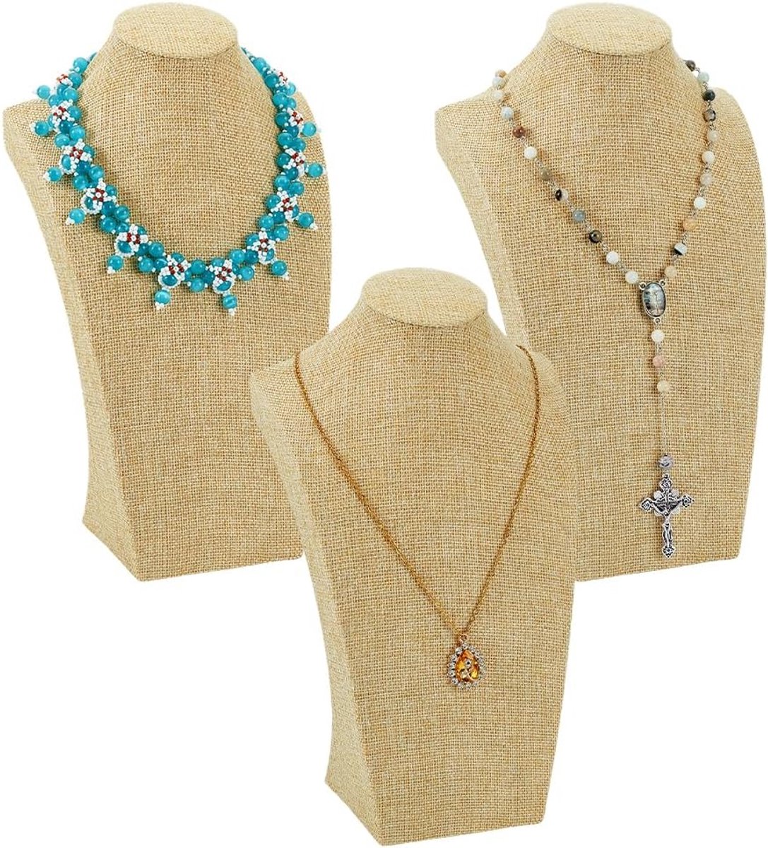 SnelShoppen - 3 Stuks Linnen Ketting Display Stand, 3D Sieraad Houder Pendant Necklace Bust Houder Organiser voor Hangen Chokers Tentoonstelling Thuis