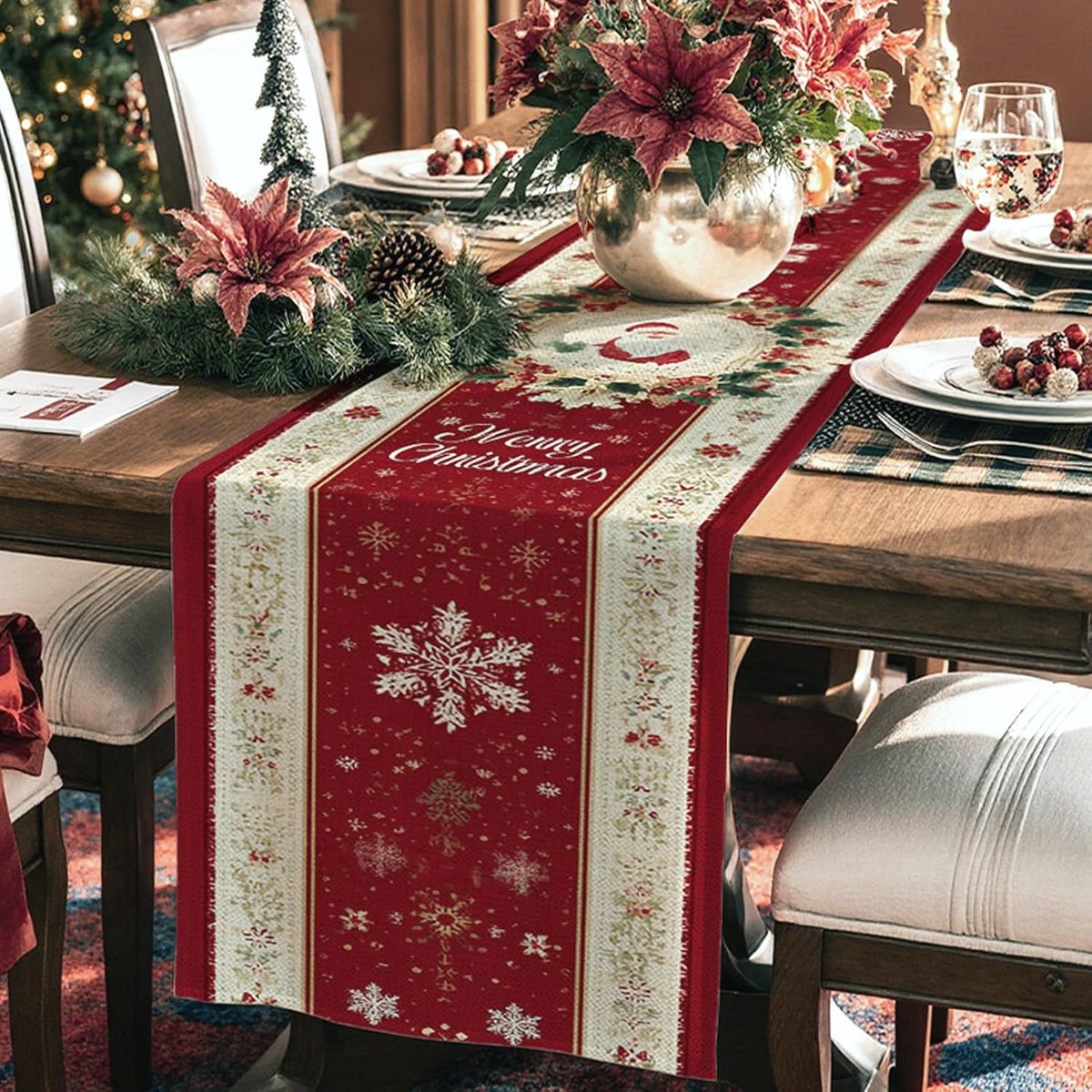 SnelShoppen - Kerst Tafelkleed Rood Wasbaar Kerst Tafel Loper Santa Sneeuwvlokken Binnen Buiten Eetkamertafel Decoratie 183 x 33 cm