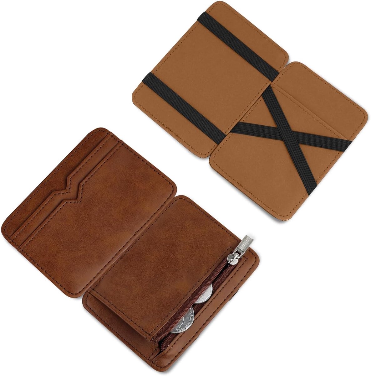 SnelShoppen - AfitLulu Portemonnee Flip Type Magic Wallet voor Mannen, Ultra Dun PU Leer, Bruin, 4 Kaartsleuven en 2 Geldslots, Perfect voor Dagelijks