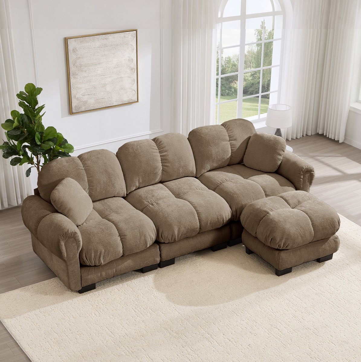 MEUNIQ 3-zits L-vormige hoekbank met mobiele ottomane en 2 sierkussens, chenille stof, zachte zitkussens voor de woonkamer, bruin Brown