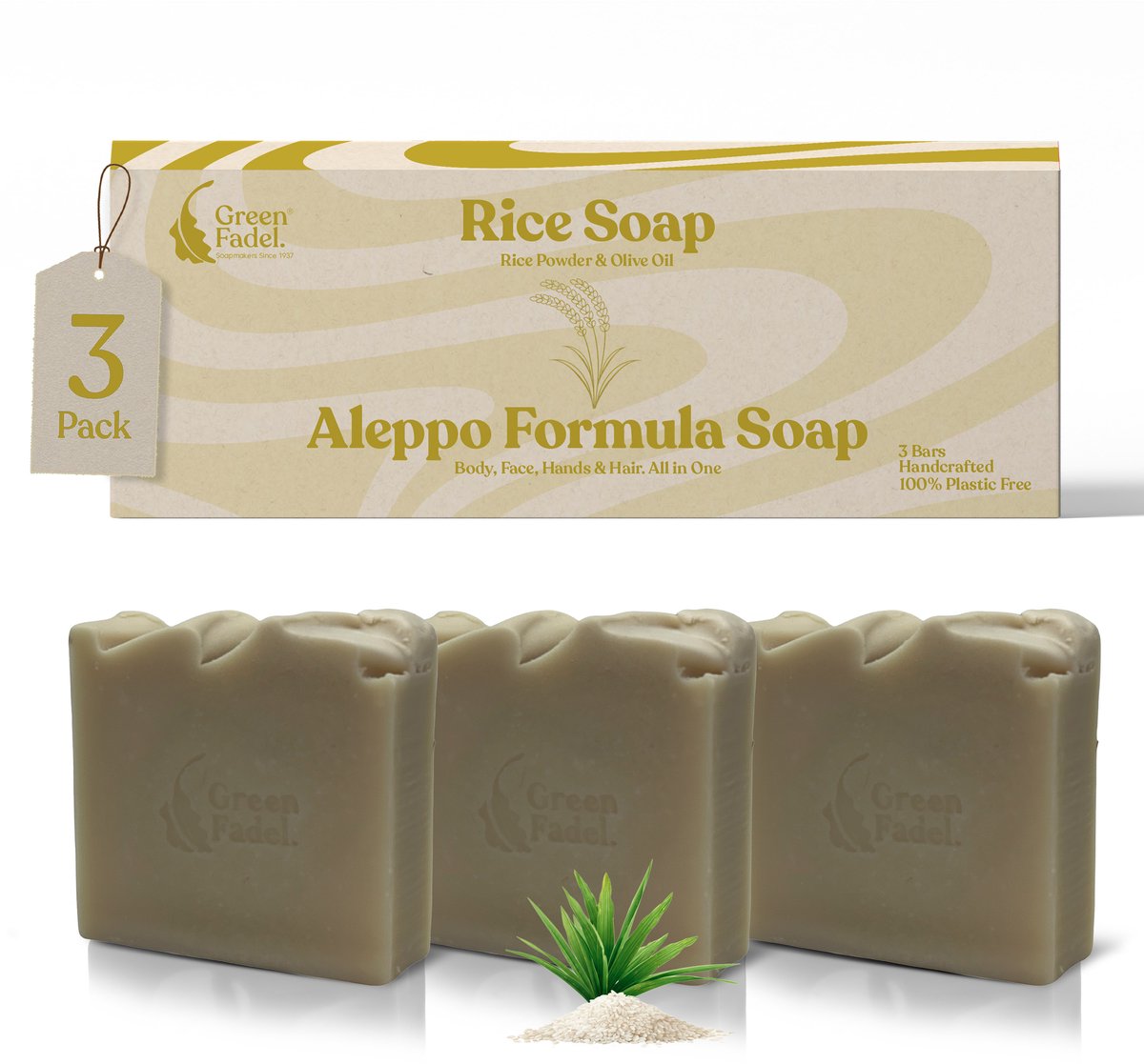GREEN FADEL Aleppo Formula Zeep Olijfolie en Rijstpoeder 3x ca. 100 g - Alles-in-één zeep voor gezicht lichaam handen en haar - Handgemaakt - Plasticvrij verpakt