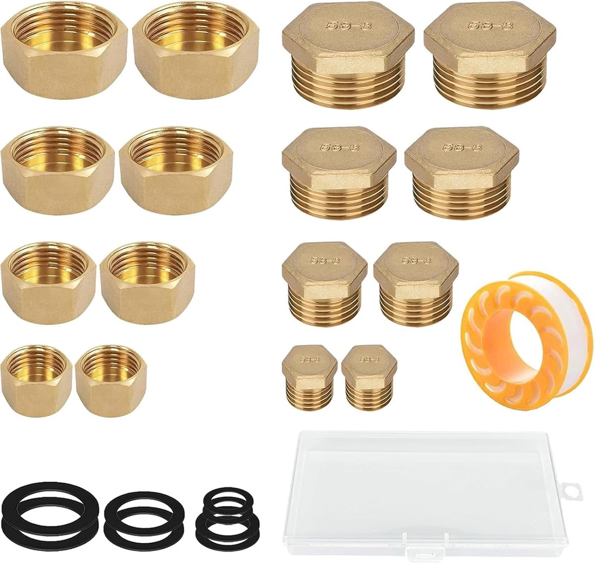 SnelShoppen - 16-delige Messing Blindplugs 1/8 1/4 3/8 1/2 - Messing Pijppluggen met Binnen- en Buitendraad en Hexagonaal Waterstopper - Tuin en Buite