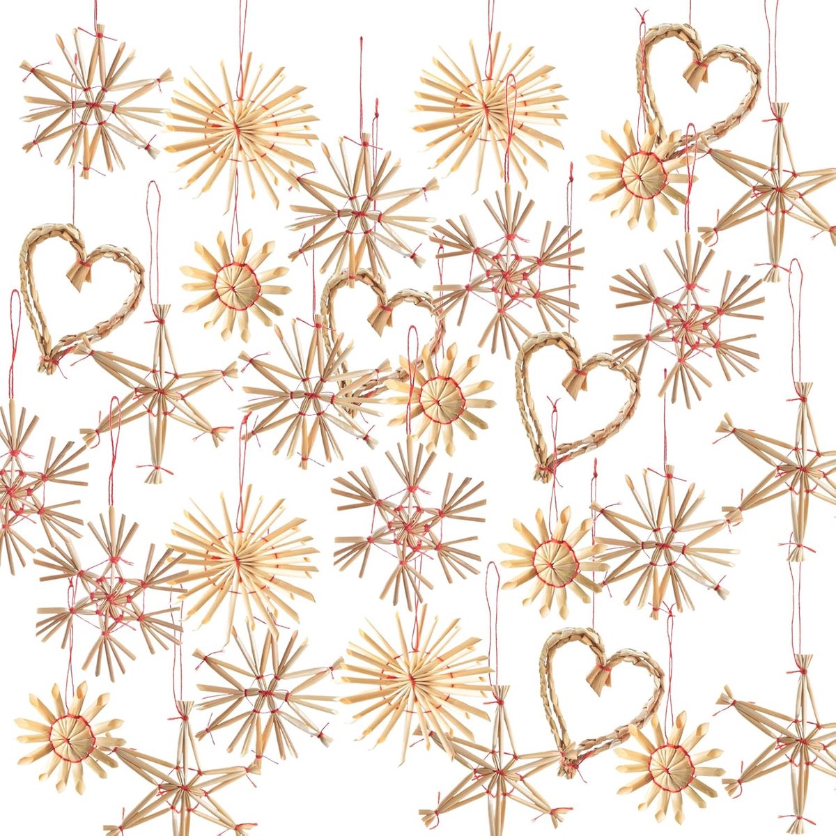 SnelShoppen - Set van 32 Stro Sterren Hangers - Kerstdecoratie 5-7 cm - Natuurlijke Strofiguren met Lint - Harten Sterren Sneeuwvlokken - Binnen en Bu