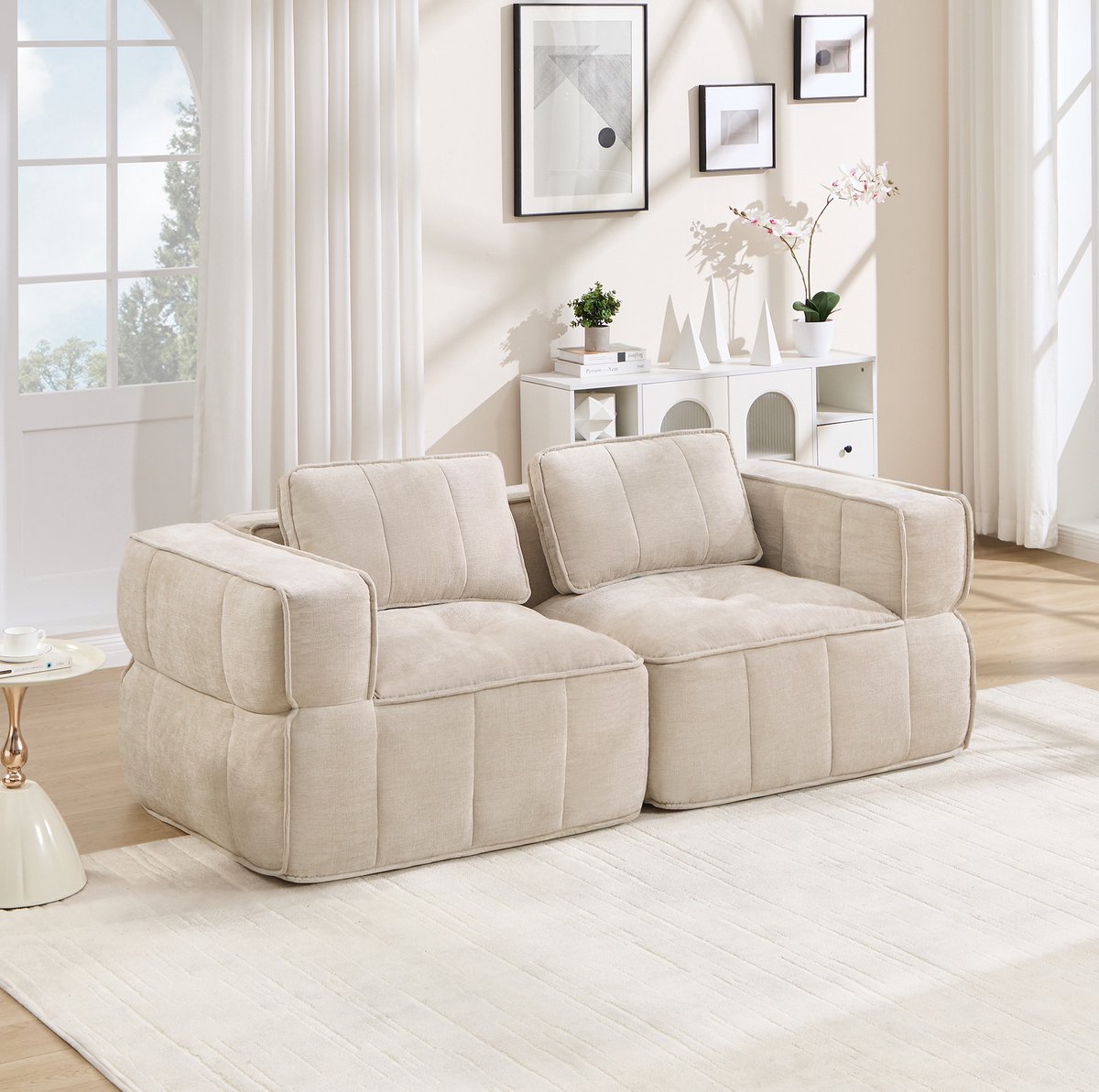 FloraGrace Hoekbank 2 Zitplaatsen - Modulaire Diepe Zit Met Brede Armleuningen - Voor Woonkamer En Appartement - Polyester - Beige
