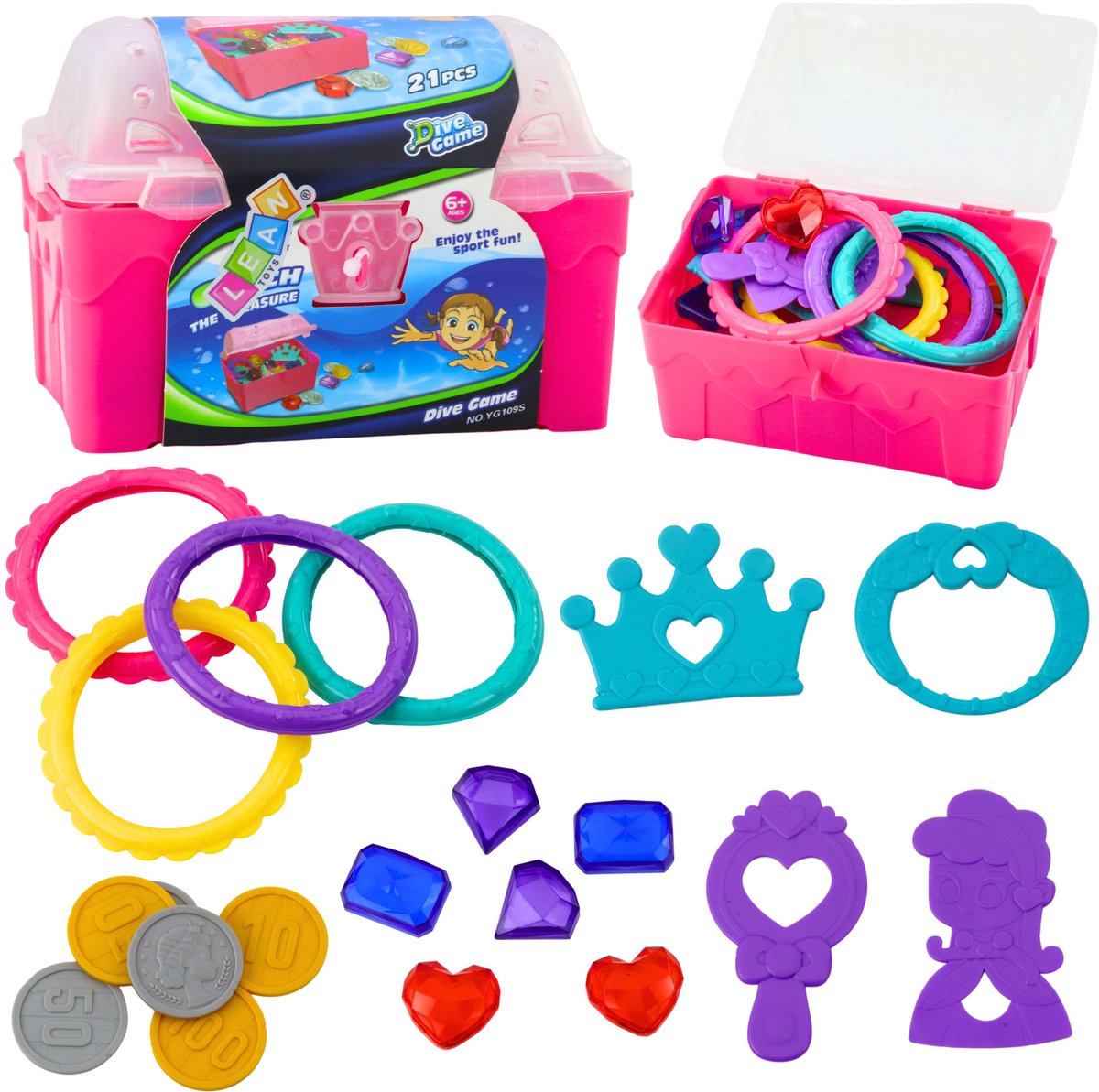 Schatkistset voor duiken en waterpret roze 21-delig.