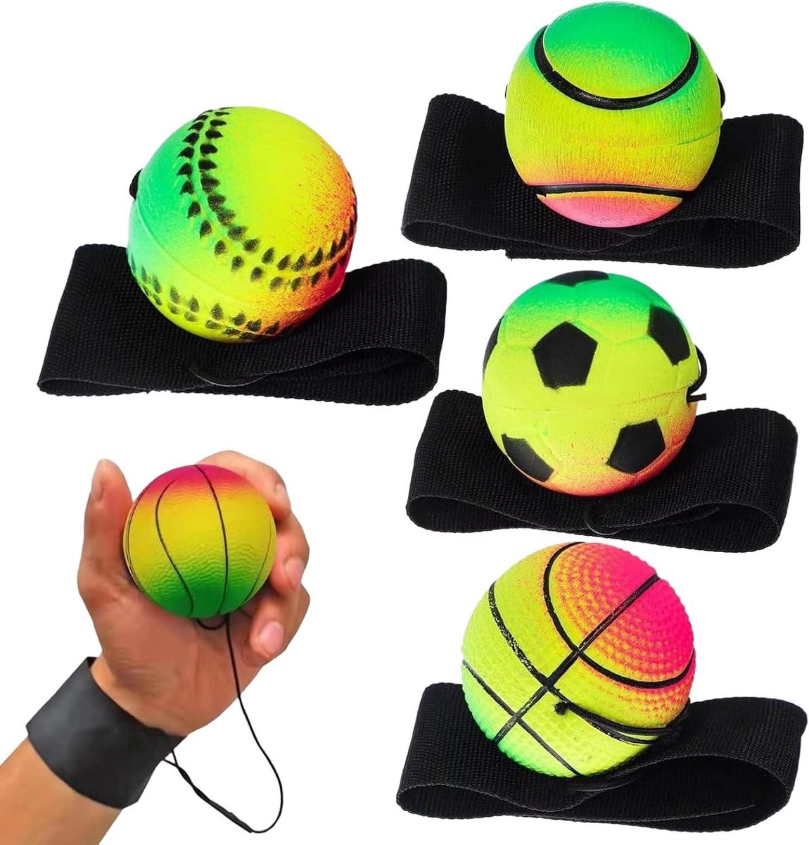 Polsbal Set - Rebound bal - Hand training - Verstelbare polsband - 4 stuks - Multicolor