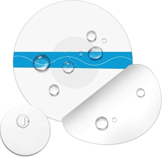 Transparante sensorpleister met blauwe band en waterdruppels. Een deel van de beschermfolie is verwijderd.
