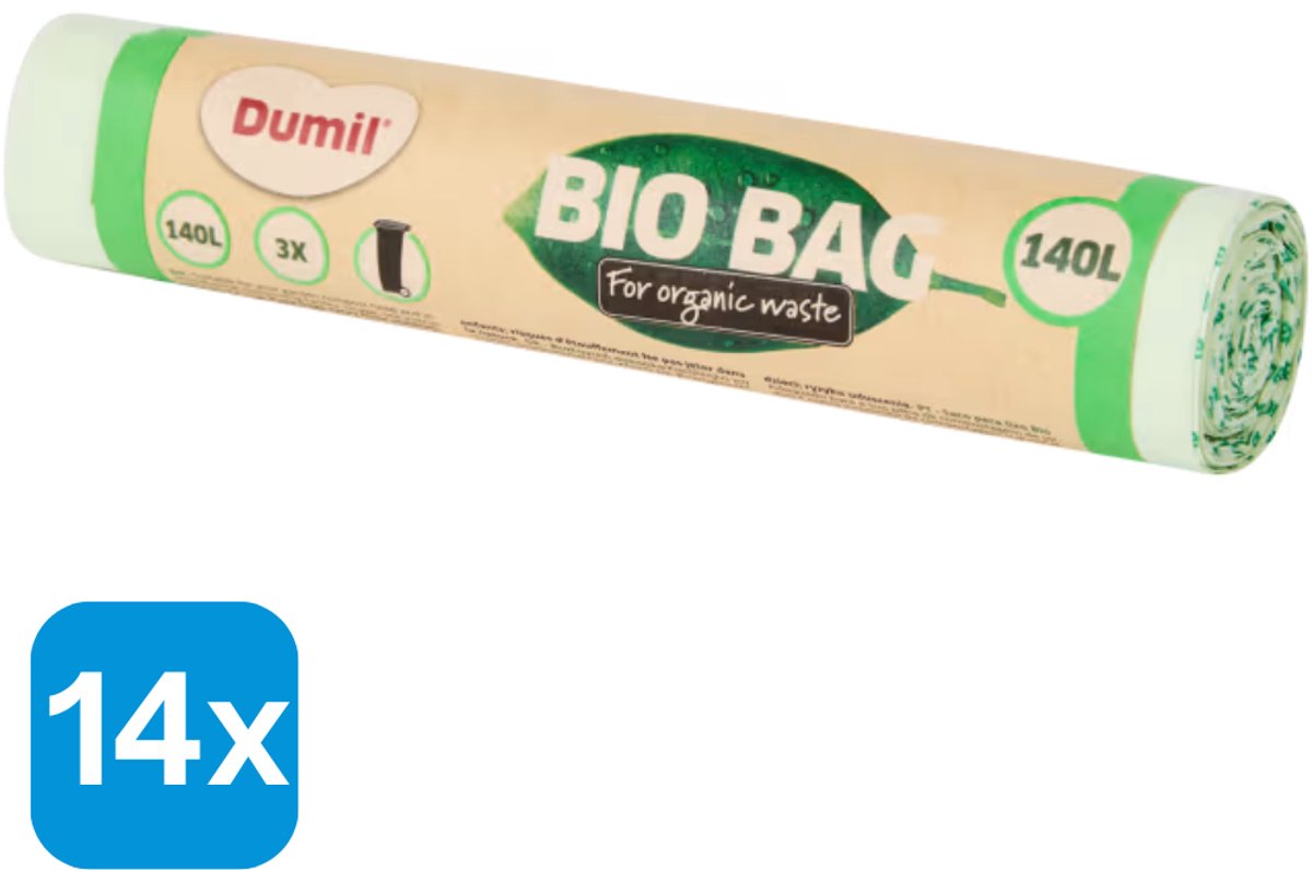 Biozakken 140 liter groen - 42 containerzakken - 70x125 cm composteerbaar - Doos 14 rollen à 3 zakken
