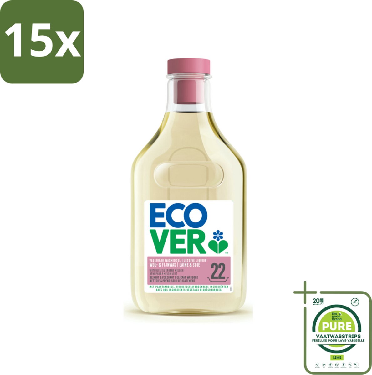 15 x Ecover - Vloeibaar wasmiddel - Wol & Fijnwas - 1 liter - 22 wasbeurten - Grootverpakking - Wolwasmiddel - Wasmiddel Voor Fijne Stoffen - Biologisch Wasmiddel - Plantaardige Wasmiddel - Wasmiddel Waterlelie