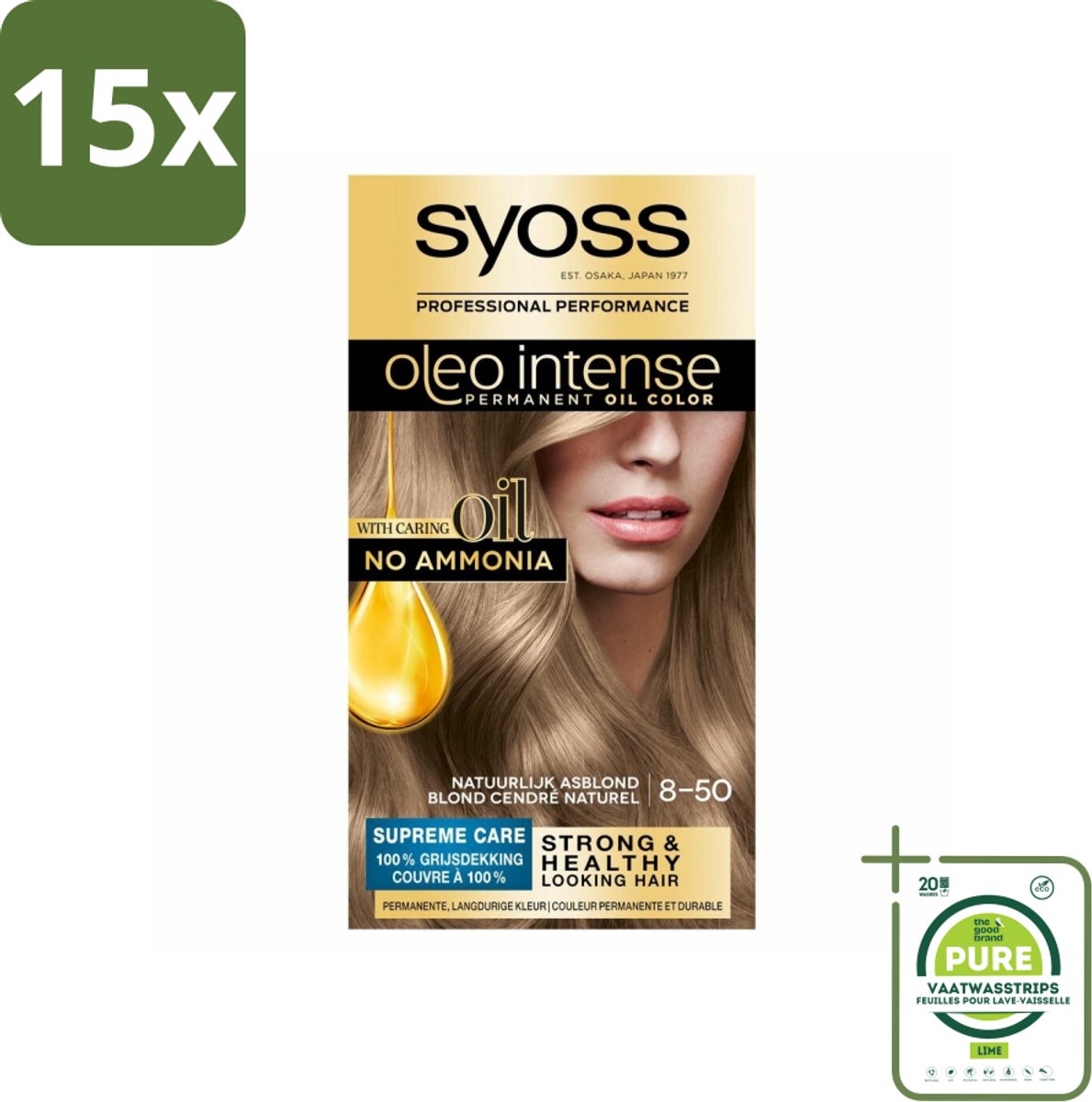15 x SYOSS - Oleo Intense 8-50 - Haarverf - Permanente Haarkleuring - Natuurlijk Asblond - Langdurige Kleur - Grootverpakking - Permanente Haarkleuring - Haarkleur - Olie-formule - Grijsdekking - Arganolie