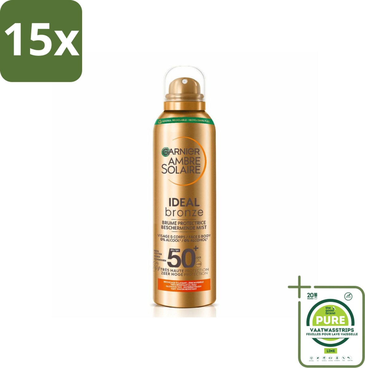 15 x Garnier - Ambre Solaire - Beschermende Mist - Ideal Bronze - SPF 50+ - 150 ml - Grootverpakking - Zonbescherming - Zonnemelk - SPF 50 - Ambre Solaire - Garnier