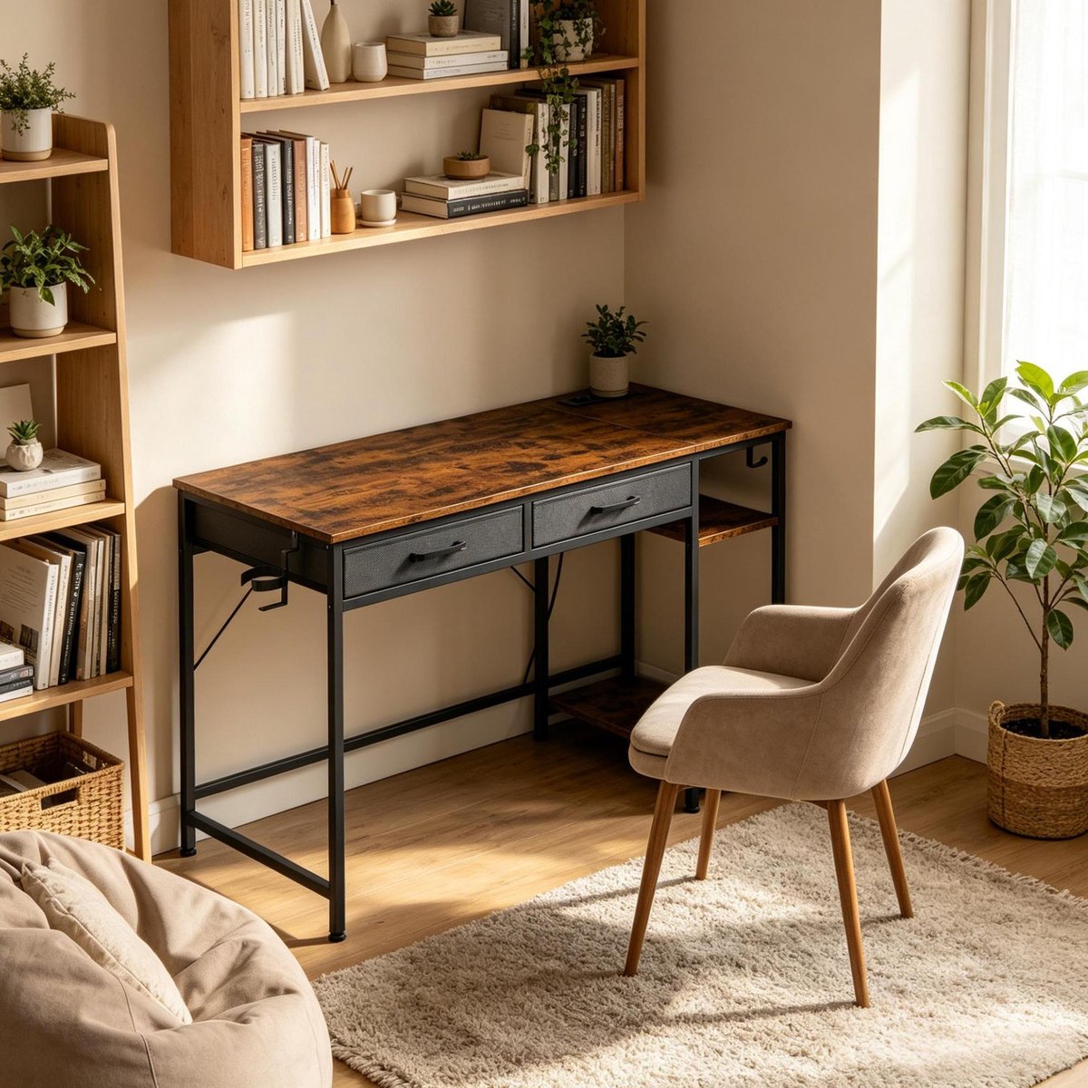 COVREO Bureau 120 x 51 x 75 cm, rustiek bruin, met 2 lades en opbergrek