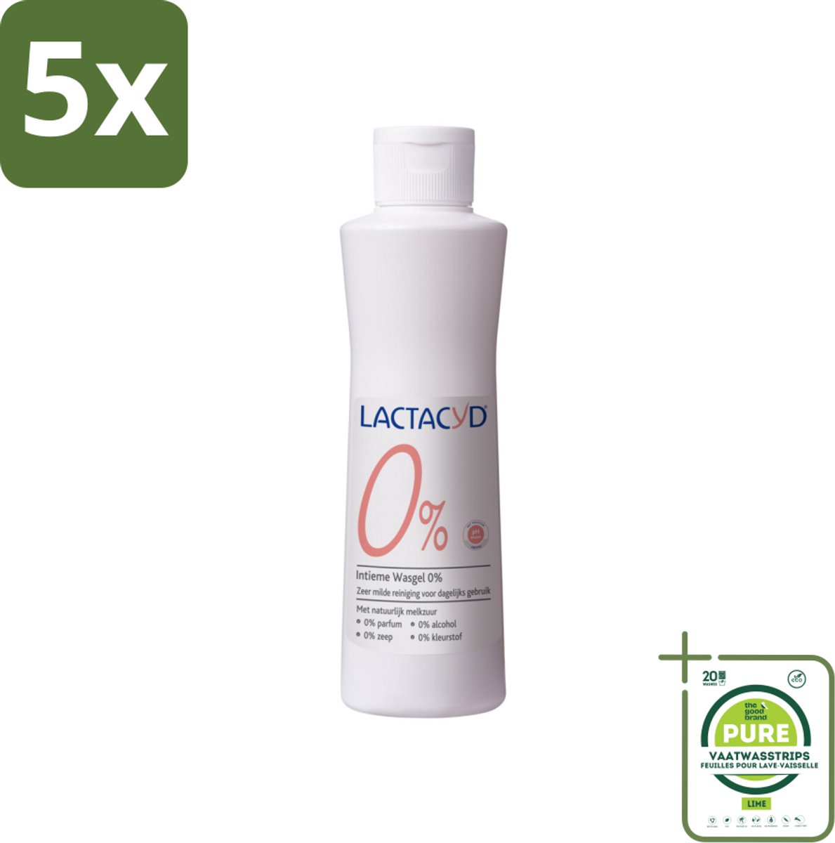 5 x Lactacyd – 0% – Milde Wasgel – 250 ml - Grootverpakking - Intieme Wasgel - Gevoelige Huid - PH-vriendelijk - Zeepvrij - Milde Wasgel