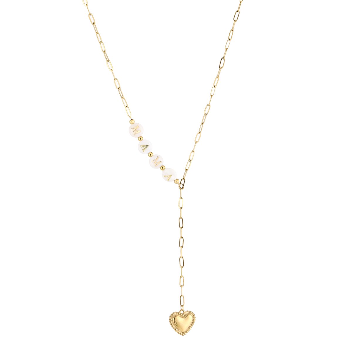 MAMA Y-Ketting met Hartje - Roestvrij Staal (RVS) - Moederdag Ketting met Letters M-A-M-A & Hart Hanger - Dames Schakelketting - Sieraden Cadeau voor Moeder