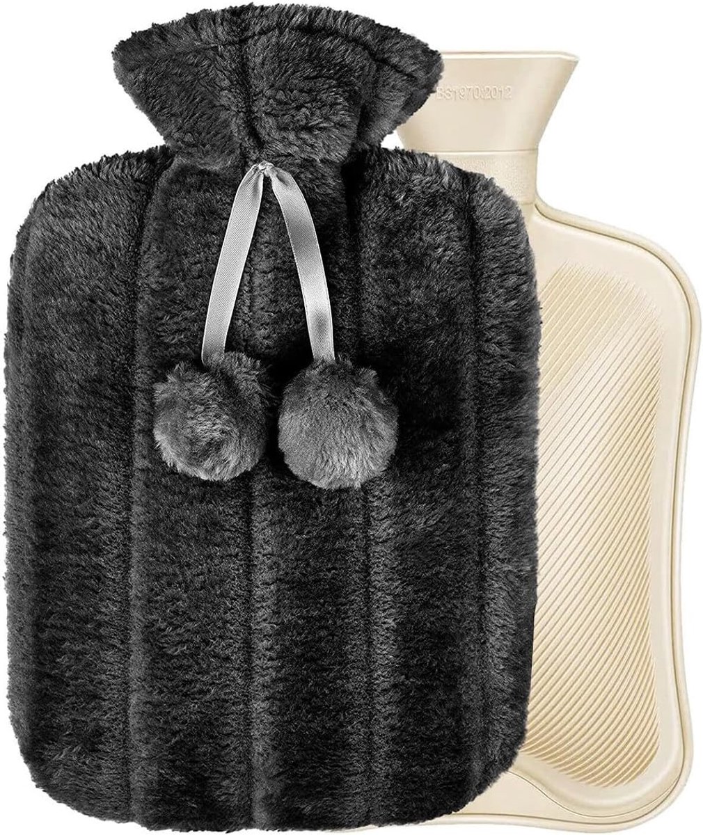 SnelShoppen - Warmwaterkruik met deksel, natuurlijk rubber, faux bont fluwelen hoes, trendy warmhoud artefact voor thuis, camping, kinderen, tuin, keu